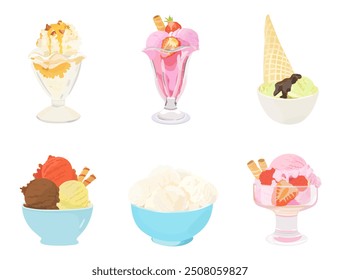 Cartoon ice cream set of chocolate, vanilla, pecans, caramel, pistachio and strawberry ball and waffle cone on a glass and in bowl. Summer dessert vector illustration on white background.