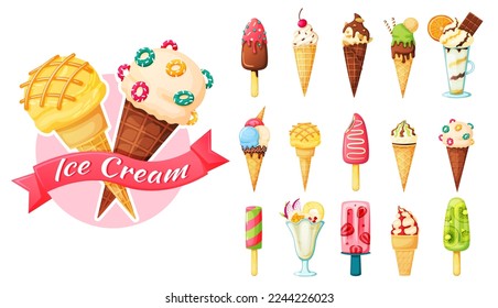 Cartoon ice cream of set with fruits or vanilla. Vector of cartoon dessert illustration, frozen and sweet, fruit cold sweet illustration collection
