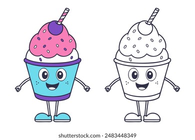 Cartoon Ice cream set icon logo, summer elements design, fun ice cream in paper cup with berry and sprinkles with straw, isolated on white background.
