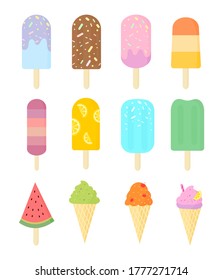 Cartoon ice cream set on white background.