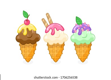 Cartoon ice cream set with ice cream scoops and waffle cones. Different flavors: mint, vanilla, chocolate with crumbs, cherry  and sweet sauce. Vector illustration