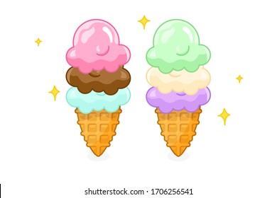 Cartoon ice cream set with ice cream scoops and waffle cones. Different flavors: berry, fruit, pistachio, vanilla, chocolate. Vector illustration