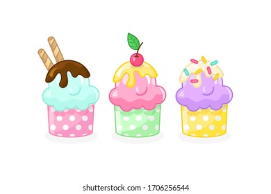 Cartoon ice cream set with ice cream scoops and cups. Different flavors: berry, fruit, mint with crumbs, cherry and sweet sauce. Vector illustration