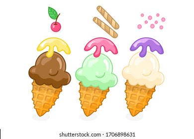 Cartoon ice cream set with ice cream scoops and waffle cones. Different flavors: mint, vanilla, chocolate with crumbs, cherry  and sweet sauce. Vector illustration