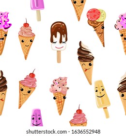 Cartoon ice cream. Set of various sweet ice cream. Cartoon Style. Flat, vector illustration.