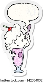 cartoon ice cream soda girl with speech bubble distressed distressed old sticker