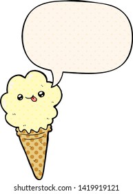 cartoon ice cream with speech bubble in comic book style