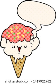 cartoon ice cream with speech bubble in comic book style
