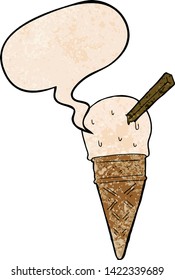 cartoon ice cream with speech bubble in retro texture style