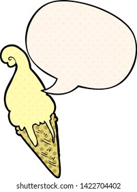 cartoon ice cream with speech bubble in comic book style