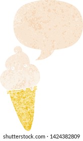 cartoon ice cream with speech bubble in grunge distressed retro textured style