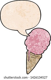 helado de dibujos animados con burbuja de habla en estilo de textura retro