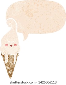 helado de dibujos animados con burbuja de habla en un estilo retro angustiado con textura estrafalaria