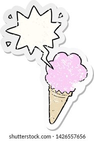 helado de dibujos animados con una burbuja de habla angustiada pegatina vieja