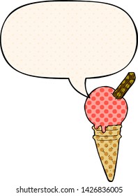 cartoon ice cream with speech bubble in comic book style