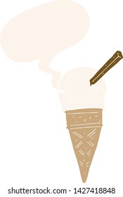 cartoon ice cream with speech bubble in retro style