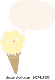 helado de dibujos animados con burbuja de habla en estilo retro