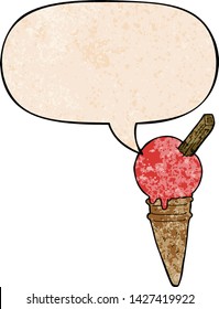 cartoon ice cream with speech bubble in retro texture style