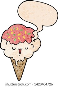 helado de dibujos animados con burbuja de habla en estilo de textura retro