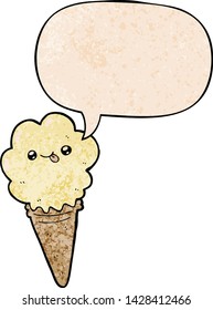 cartoon ice cream with speech bubble in retro texture style