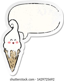 cartoon ice cream with speech bubble distressed distressed old sticker
