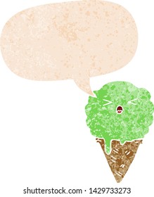 helado de dibujos animados con burbuja de habla en un estilo retro angustiado con textura estrafalaria