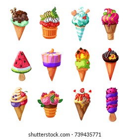 Cartoon ice cream and sundae set with different ingredients flavors and design isolated vector illustration