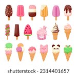 Cartoon ice cream. Sweet sundae, gelato in cone, cute chocolate summer freeze dessert, fruit popsicle, delicious scoop ice cream with animal face. Vector set. Delicious refreshments