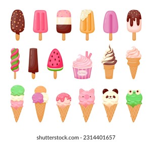 Cartoon ice cream. Sweet sundae, gelato in cone, cute chocolate summer freeze dessert, fruit popsicle, delicious scoop ice cream with animal face. Vector set. Delicious refreshments