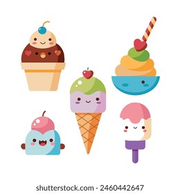 Cartoon ice cream. Sweet sundae, gelato in cone, cute chocolate summer freeze dessert, fruit popsicle, delicious scoop ice cream with animal face. Vector set.