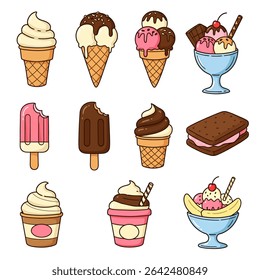 Cartoon Ice Cream Sweets with Dessert Icons Set.