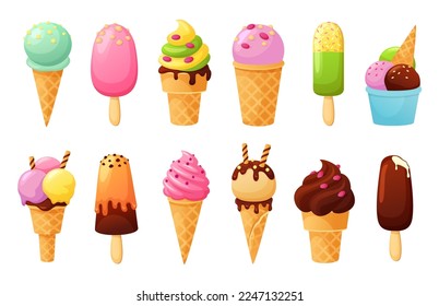 Cartoon ice cream. Tasty fruit ice, sweet summer sundaes in cone and cold delicious gelato vector illustration set. Desserts with chocolate, pistachio, strawberry tastes with topping