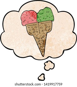 cartoon ice cream with thought bubble in grunge texture style