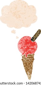 cartoon ice cream with thought bubble in grunge distressed retro textured style
