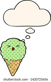 cartoon ice cream with thought bubble in comic book style