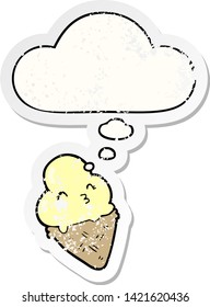 Cartoon-Eis mit Denkblase als bedrückter Aufkleber