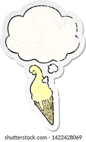cartoon ice cream with thought bubble as a distressed worn sticker