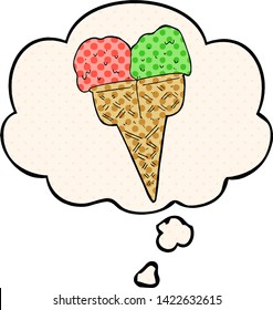 cartoon ice cream with thought bubble in comic book style