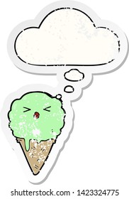 cartoon ice cream with thought bubble as a distressed worn sticker