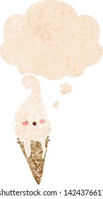 cartoon ice cream with thought bubble in grunge distressed retro textured style