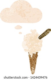 cartoon ice cream with thought bubble in grunge distressed retro textured style