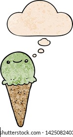 cartoon ice cream with thought bubble in grunge texture style