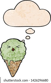 cartoon ice cream with thought bubble in grunge texture style
