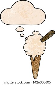 cartoon ice cream with thought bubble in grunge texture style