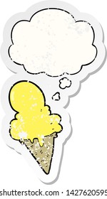 cartoon ice cream with thought bubble as a distressed worn sticker
