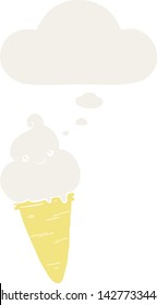 helado de dibujos animados con burbuja de pensamiento en estilo retro