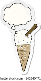 cartoon ice cream with thought bubble as a distressed worn sticker