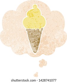 helado de dibujos animados con burbuja de pensamiento en un estilo retro angustiado con textura estrafalaria