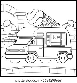 Cartoon ice cream truck with a giant cone on top. Sweet treat vehicle outline for kids' coloring, summer themes, and fun activity sheets.