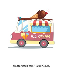 Cartoon ice cream truck. street food caravan trailer. colorful vector illustration, cute style, isolated on white background